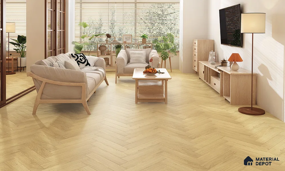 HDF Herringbone Matte Surface Laminate Wood Floor AC5 Grade LF 00332 E Beaconia Primera Oak 19 x 4 inch (470x95 mm) - 8 mm | Aqua Protect 12 Hours Water Resistance | Anti Static and Stain Resistant | 0.5 mm V Groove | Real Wood Touch Surface | Uniclic Installation | 36 Plank Variations | 20 Years Warranty