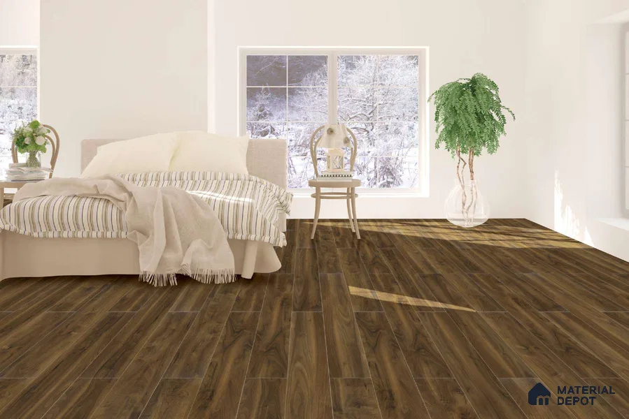 HDF Laminate Wood Floor AC4 Grade LF 00321 E Majestic Quattro Walnut 48 x 8 inch (1217x196 mm) - 8 mm | Aqua Protect 12 Hours Water Resistance | 20 Years Warranty | Anti Static and Stain Resistant | Straight Edge | Wood Embossed Surface | Uniclic Installation | 10 Plank Variations
