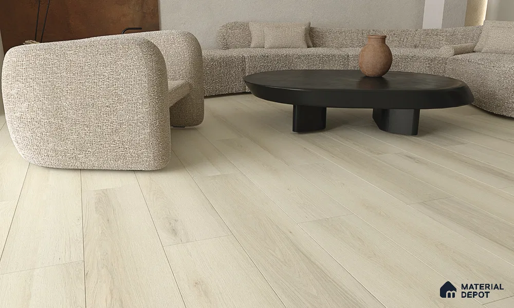 HDF Laminate Wood Floor AC4 Grade LF 00324 C Panorama Whispering White 48 x 9 inch (1215x240 mm) - 8 mm | Aqua Protect 12 Hours Water Resistance | Anti Static and Stain Resistant | 0.5 mm V Groove | Wood Embossed Surface | Uniclic Installation | 10 Plank Variations