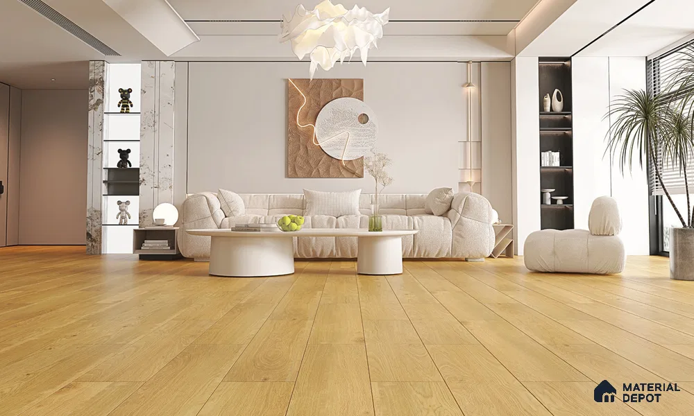 HDF Laminate Wood Floor AC4 Grade LF 00323 C Panorama Champagne Haze 48 x 9 inch (1215x240 mm) - 8 mm | Aqua Protect 12 Hours Water Resistance | Anti Static and Stain Resistant | 0.5 mm V Groove | Wood Embossed Surface | Uniclic Installation | 10 Plank Variations