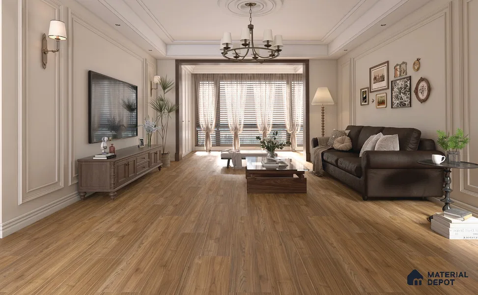 HDF Laminate Wood Floor AC4 Grade LF 00323 Panorama Mocha Twilight 48 x 9 inch (1215x240 mm) - 8 mm | Aqua Protect 12 Hours Water Resistance | Anti Static and Stain Resistant | 0.5 mm V Groove | Wood Embossed Surface | Uniclic Installation | 10 Plank Variations