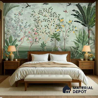 Green Orchard Court Mughal Tropics Chinoserie Mural | WP 03942 B Canvas Texture Finish Chinoiserie Style luxurious Customized size Wallpaper | 250 GSM WP01CNF Paper | (MOQ = 30 Sq. Ft.)