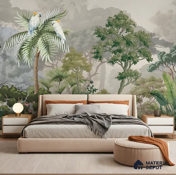 Misty Palm Canopy Parrot Tropical Nature Art | WP 03953 B Canvas Texture Finish Tropical Style luxurious Customized size Wallpaper | 250 GSM WP01CNF Paper | (MOQ = 30 Sq. Ft.)