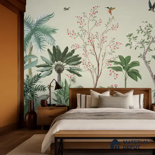 Soft Green Botanical Aviary Dreamy Artistic | WP 03951 Non Woven Matte Finish Chinoiserie Style Premium Customized size Wallpaper | 150 GSM WP01MTF Paper | (MOQ = 30 Sq. Ft.)