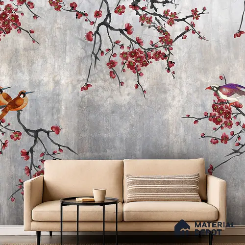 Steel Grey Crimson Blossom Branches Chinoserie Mural Art | WP 03943 Non Woven Matte Finish Chinoiserie Style Premium Customized size Wallpaper | 150 GSM WP01MTF Paper | (MOQ = 30 Sq. Ft.) | Design change not possible