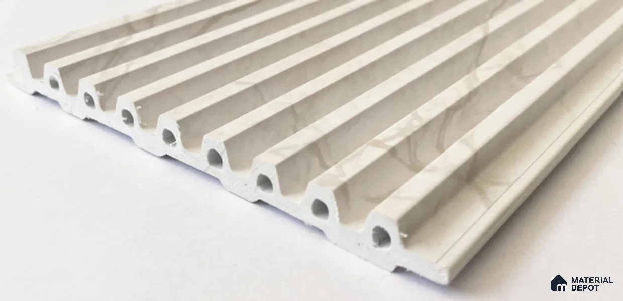 Pearl White Marble Louver PN 03016 J 9.5 ft x 4.9 inch WPC Panel - 12 mm | Suitable for Feature Wall, TV Unit & Living Room | Width is Subjected to 5% Variation