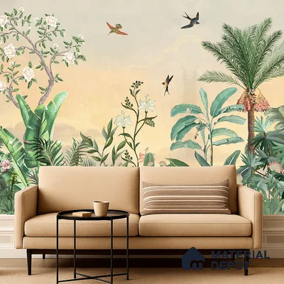 Golden Dawn Tropical Bird Garden Ornate Birds Chinoserie Classic | WP 03945 B Canvas Texture Finish Chinoiserie Style luxurious Customized size Wallpaper | 250 GSM WP01CNF Paper | (MOQ = 30 Sq. Ft.)