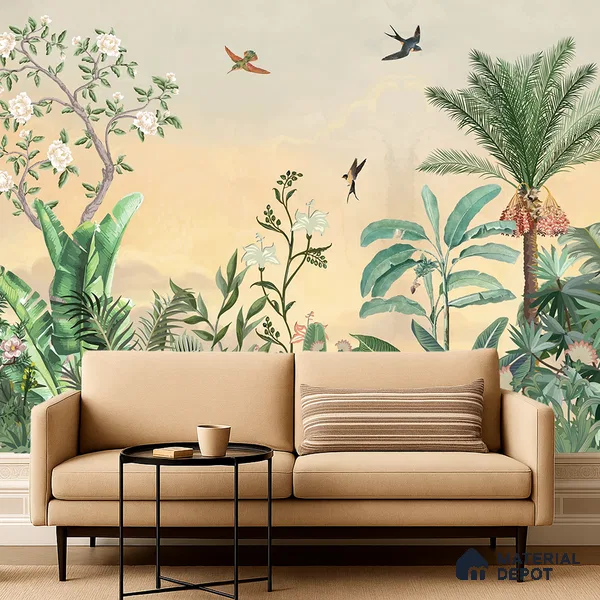 Golden Dawn Tropical Bird Garden Ornate Birds Chinoserie Classic | WP 03945 B Canvas Texture Finish Chinoiserie Style luxurious Customized size Wallpaper | 250 GSM WP01CNF Paper | (MOQ = 30 Sq. Ft.)