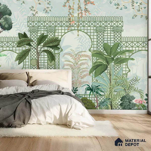 Verdant Lattice Garden Dreamy Artistic | WP 03970 B Canvas Texture Finish Tropical Style luxurious Customized size Wallpaper | 250 GSM WP01CNF Paper | (MOQ = 30 Sq. Ft.)