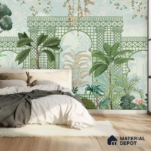 Verdant Lattice Garden Dreamy Artistic | WP 03970 B Canvas Texture Finish Tropical Style luxurious Customized size Wallpaper | 250 GSM WP01CNF Paper | (MOQ = 30 Sq. Ft.)