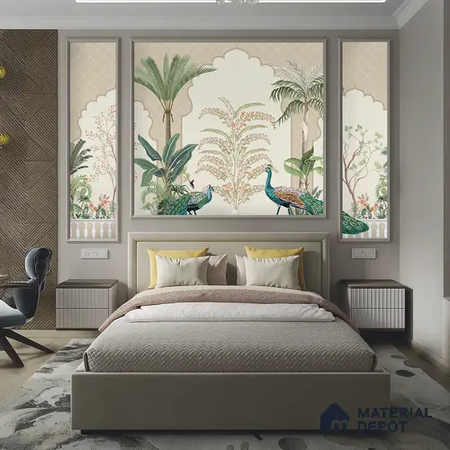 Peacock Veranda Royale Artistic Charm Designer | WP 03975 Non Woven Matte Finish Chinoiserie Style Premium Customized size Wallpaper | 150 GSM WP01MTF Paper | (MOQ = 30 Sq. Ft.)