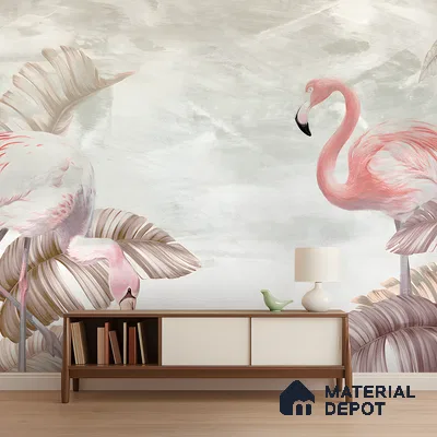 Blush Flamingo Palm Serenity Tropical Mist Nature Art | WP 03960 Non Woven Matte Finish Tropical Style Premium Customized size Wallpaper | 150 GSM WP01MTF Paper | (MOQ = 30 Sq. Ft.) | Design change not possible
