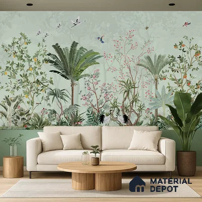 Birdsong Botanical Forest Tropical Petals Wall Mural | WP 03949 Non Woven Matte Finish Chinoiserie Style Premium Customized size Wallpaper | 150 GSM WP01MTF Paper | (MOQ = 30 Sq. Ft.)