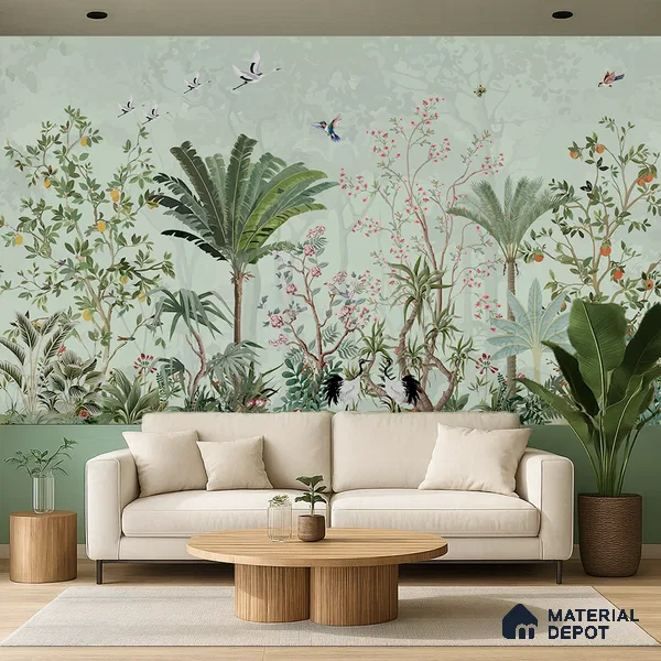 Birdsong Botanical Forest Tropical Petals Wall Mural | WP 03949 Non Woven Matte Finish Chinoiserie Style Premium Customized size Wallpaper | 150 GSM WP01MTF Paper | (MOQ = 30 Sq. Ft.)
