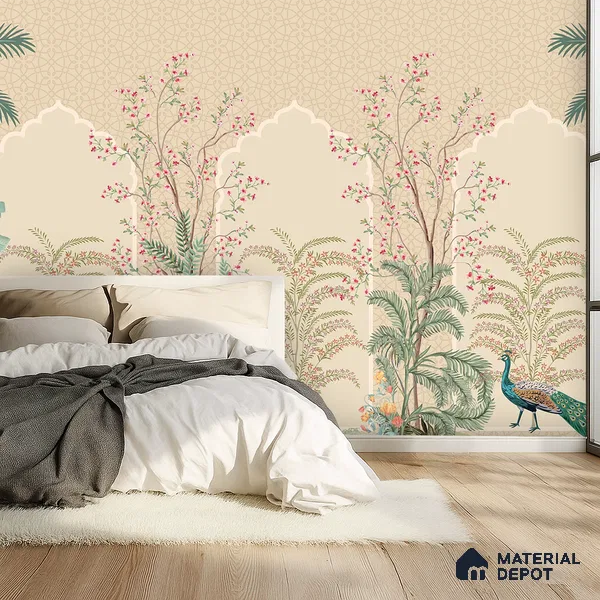 Blossom Veil Jharokha Garden Artistic Charm Designer | WP 03983 Non Woven Matte Finish Chinoiserie Style Premium Customized size Wallpaper | 150 GSM WP01MTF Paper | (MOQ = 30 Sq. Ft.)