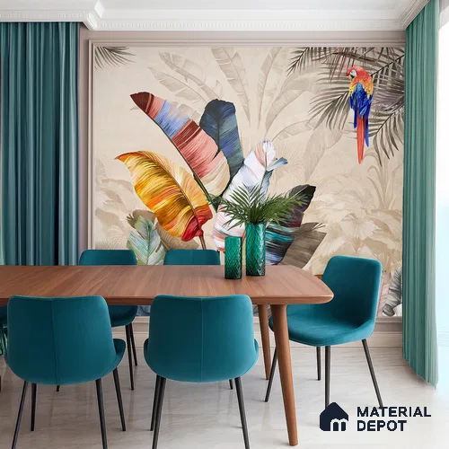 Feathers of the Painted Tropical Mist Nature Art | WP 04001 Non Woven Matte Finish Tropical Style Premium Customized size Wallpaper | 150 GSM WP01MTF Paper | (MOQ = 30 Sq. Ft.) | Design change not possible