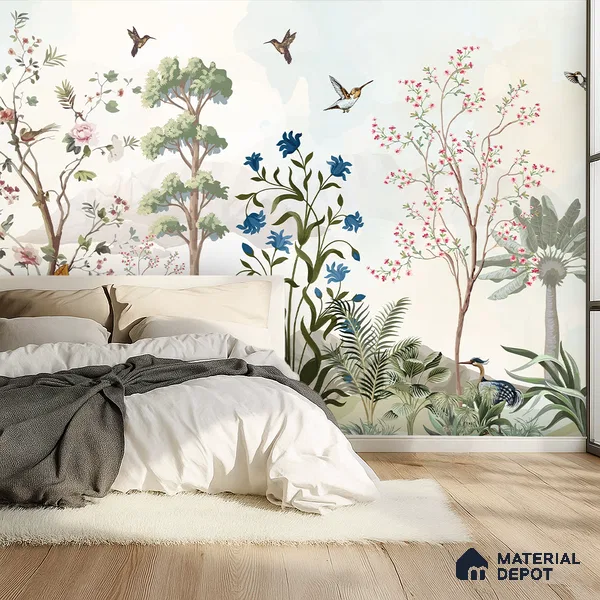 Blue Bloom Sanctuary Artistic Charm Designer | WP 03977 Non Woven Matte Finish Chinoiserie Style Premium Customized size Wallpaper | 150 GSM WP01MTF Paper | (MOQ = 30 Sq. Ft.)