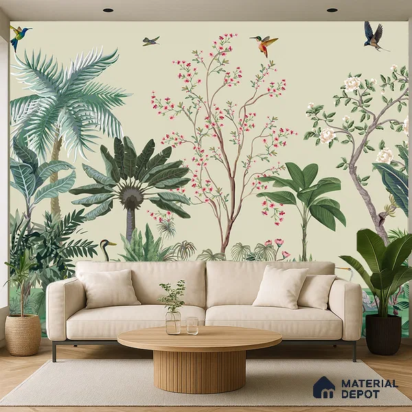 Soft Green Botanical Aviary Dreamy Artistic | WP 03951 Non Woven Matte Finish Chinoiserie Style Premium Customized size Wallpaper | 150 GSM WP01MTF Paper | (MOQ = 30 Sq. Ft.)