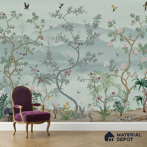 Whispering Garden Hillscape Artistic Charm Designer | WP 03964 B Canvas Texture Finish Chinoiserie Style luxurious Customized size Wallpaper | 250 GSM WP01CNF Paper | (MOQ = 30 Sq. Ft.)