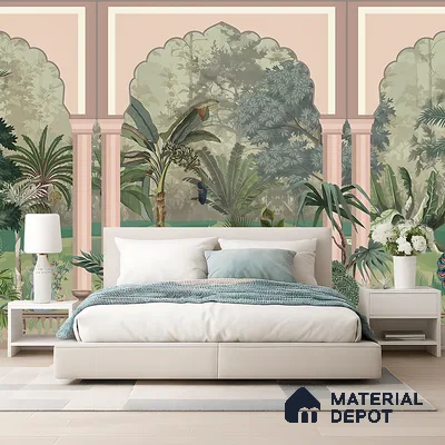 Royal Garden Arcade with Peacocks Artistic Charm Designer | WP 03966 B Canvas Texture Finish Tropical Style luxurious Customized size Wallpaper | 250 GSM WP01CNF Paper | (MOQ = 30 Sq. Ft.)