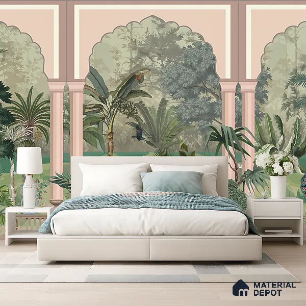 Royal Garden Arcade with Peacocks Artistic Charm Designer | WP 03966 B Canvas Texture Finish Tropical Style luxurious Customized size Wallpaper | 250 GSM WP01CNF Paper | (MOQ = 30 Sq. Ft.)