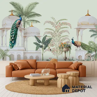 Peacock Pavilion Garden Artistic Charm Designer | WP 03968 Non Woven Matte Finish Chinoiserie Style Premium Customized size Wallpaper | 150 GSM WP01MTF Paper | (MOQ = 30 Sq. Ft.)