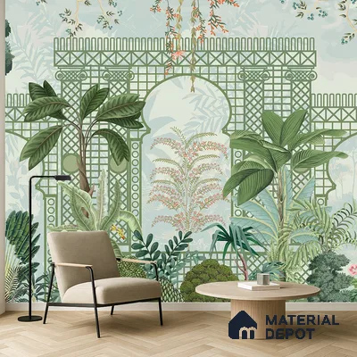 Verdant Lattice Garden Dreamy Artistic | WP 03970 B Canvas Texture Finish Tropical Style luxurious Customized size Wallpaper | 250 GSM WP01CNF Paper | (MOQ = 30 Sq. Ft.)