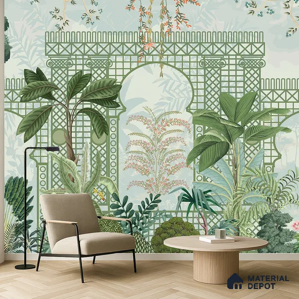 Verdant Lattice Garden Dreamy Artistic | WP 03970 B Canvas Texture Finish Tropical Style luxurious Customized size Wallpaper | 250 GSM WP01CNF Paper | (MOQ = 30 Sq. Ft.)