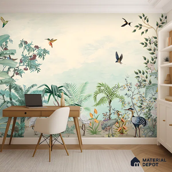 Soft Horizon Jungle Tropical Mist Nature Art | WP 03972 Non Woven Matte Finish Tropical Style Premium Customized size Wallpaper | 150 GSM WP01MTF Paper | (MOQ = 30 Sq. Ft.)