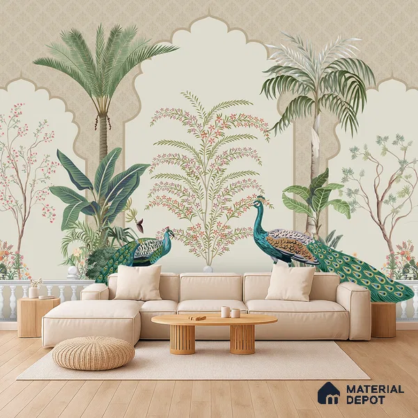 Peacock Veranda Royale Artistic Charm Designer | WP 03975 Non Woven Matte Finish Chinoiserie Style Premium Customized size Wallpaper | 150 GSM WP01MTF Paper | (MOQ = 30 Sq. Ft.)