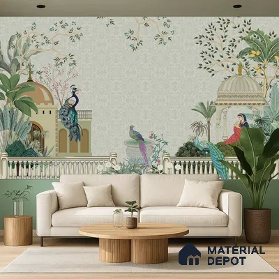 Rani’s Courtyard Reverie Artistic Charm Designer | WP 03976 B Canvas Texture Finish Tropical Style luxurious Customized size Wallpaper | 250 GSM WP01CNF Paper | (MOQ = 30 Sq. Ft.)