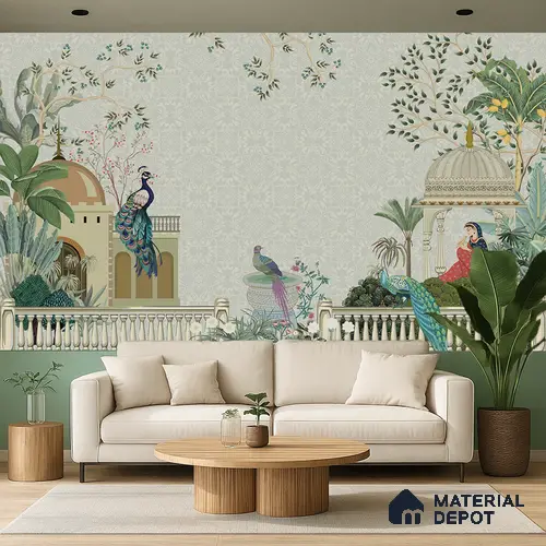Rani’s Courtyard Reverie Artistic Charm Designer | WP 03976 B Canvas Texture Finish Tropical Style luxurious Customized size Wallpaper | 250 GSM WP01CNF Paper | (MOQ = 30 Sq. Ft.)