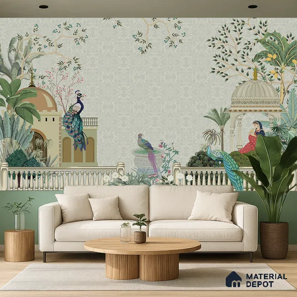 Rani’s Courtyard Reverie Artistic Charm Designer | WP 03976 B Canvas Texture Finish Tropical Style luxurious Customized size Wallpaper | 250 GSM WP01CNF Paper | (MOQ = 30 Sq. Ft.)
