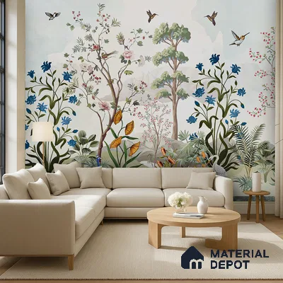 Blue Bloom Sanctuary Artistic Charm Designer | WP 03977 Non Woven Matte Finish Chinoiserie Style Premium Customized size Wallpaper | 150 GSM WP01MTF Paper | (MOQ = 30 Sq. Ft.)