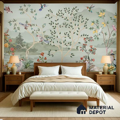 Songbirds of the Lemon Grove Artistic Charm Designer | WP 03998 Non Woven Matte Finish Tropical Style Premium Customized size Wallpaper | 150 GSM WP01MTF Paper | (MOQ = 30 Sq. Ft.)