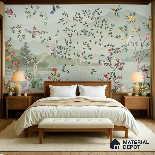 Songbirds of the Lemon Grove Artistic Charm Designer | WP 03998 B Canvas Texture Finish Tropical Style luxurious Customized size Wallpaper | 250 GSM WP01CNF Paper | (MOQ = 30 Sq. Ft.)