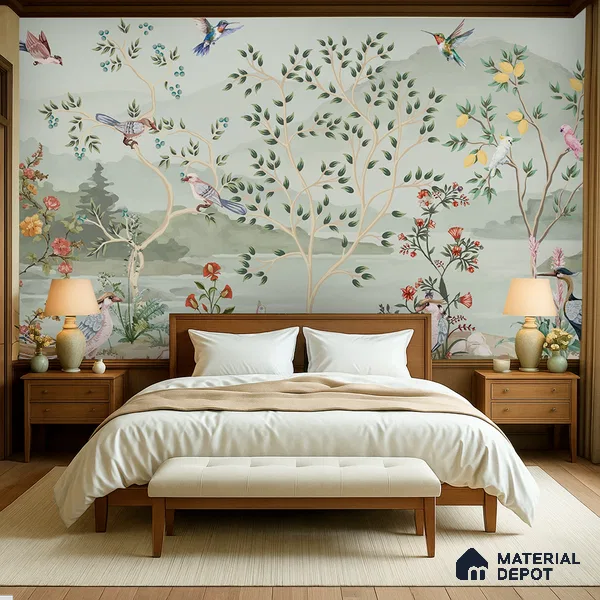 Songbirds of the Lemon Grove Artistic Charm Designer | WP 03998 Non Woven Matte Finish Tropical Style Premium Customized size Wallpaper | 150 GSM WP01MTF Paper | (MOQ = 30 Sq. Ft.)