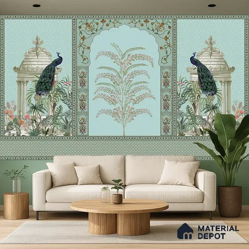Celestial Jharokha Peacock Court Artistic Charm Designer | WP 03982 Non Woven Matte Finish Tropical Style Premium Customized size Wallpaper | 150 GSM WP01MTF Paper | (MOQ = 30 Sq. Ft.)