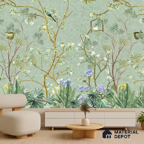 Whispers of a Spring Garden Tropical Mist Nature Art | WP 04002 Non Woven Matte Finish Chinoiserie Style Premium Customized size Wallpaper | 150 GSM WP01MTF Paper | (MOQ = 30 Sq. Ft.)