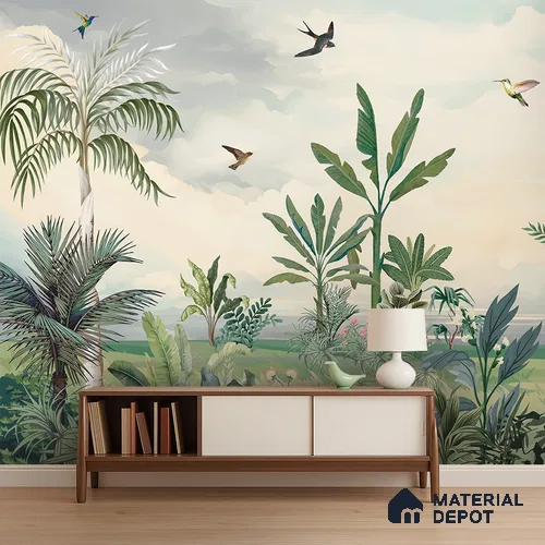 Open Skies Tropical Meadow Mist Nature Art | WP 03987 B Canvas Texture Finish Tropical Style luxurious Customized size Wallpaper | 250 GSM WP01CNF Paper | (MOQ = 30 Sq. Ft.)