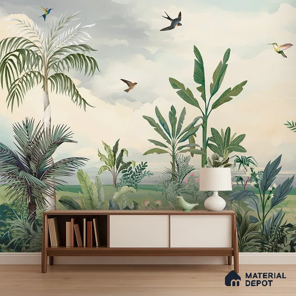 Open Skies Tropical Meadow Mist Nature Art | WP 03987 B Canvas Texture Finish Tropical Style luxurious Customized size Wallpaper | 250 GSM WP01CNF Paper | (MOQ = 30 Sq. Ft.)