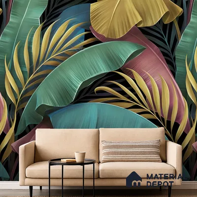 Tropical Rhythm Leafy Hues Botanical Wall Art | WP 04007 B Canvas Texture Finish Tropical Style luxurious Customized size Wallpaper | 250 GSM WP01CNF Paper | (MOQ = 30 Sq. Ft.)