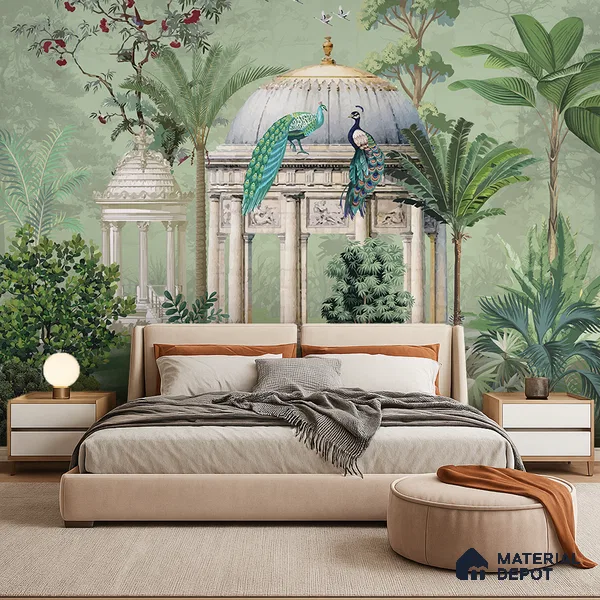 Verdant Pavilion of Peacocks Tropical Mist Nature Art | WP 03990 Non Woven Matte Finish Tropical Style Premium Customized size Wallpaper | 150 GSM WP01MTF Paper | (MOQ = 30 Sq. Ft.)