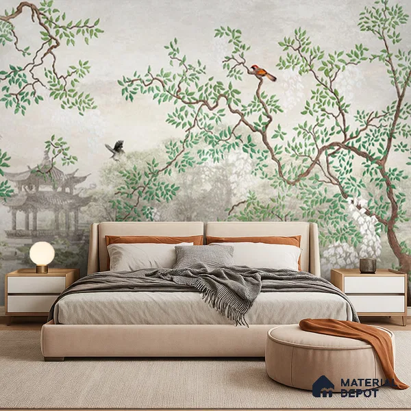 Whispering Grove Chinoserie Blossom Oriental Mural Art | WP 04008 B Canvas Texture Finish Chinoiserie Style luxurious Customized size Wallpaper | 250 GSM WP01CNF Paper | (MOQ = 30 Sq. Ft.)