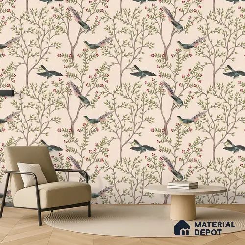 Berrywing Grove Chinoserie Blossom Oriental Mural Art | WP 04012 B Canvas Texture Finish Chinoiserie Style luxurious Customized size Wallpaper | 250 GSM WP01CNF Paper | (MOQ = 30 Sq. Ft.)