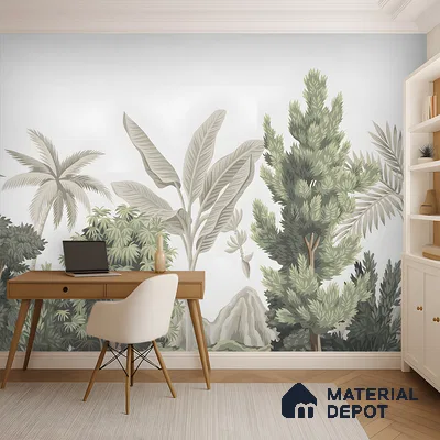 Misty Tropical Silhouettes Nature Art | WP 03993 B Canvas Texture Finish Tropical Style luxurious Customized size Wallpaper | 250 GSM WP01CNF Paper | (MOQ = 30 Sq. Ft.)