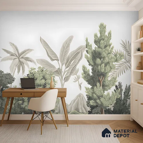 Misty Tropical Silhouettes Nature Art | WP 03993 Non Woven Matte Finish Tropical Style Premium Customized size Wallpaper | 150 GSM WP01MTF Paper | (MOQ = 30 Sq. Ft.)