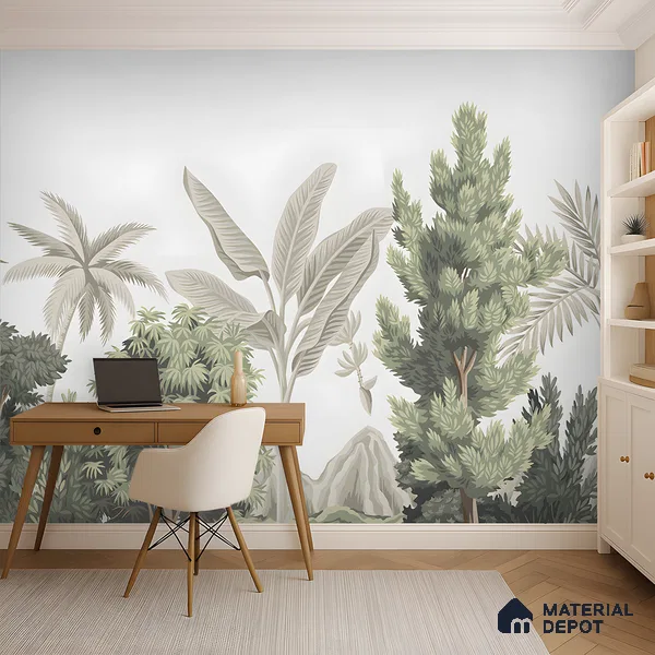 Misty Tropical Silhouettes Nature Art | WP 03993 B Canvas Texture Finish Tropical Style luxurious Customized size Wallpaper | 250 GSM WP01CNF Paper | (MOQ = 30 Sq. Ft.)
