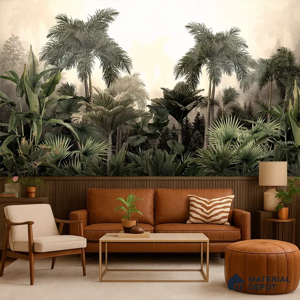 Golden Canopy Dawn Tropical Mist Nature Art | WP 04015 Non Woven Matte Finish Tropical Style Premium Customized size Wallpaper | 150 GSM WP01MTF Paper | (MOQ = 30 Sq. Ft.)