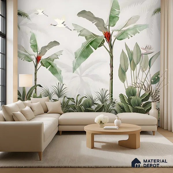 Emerald Banana Grove Tropical Mist Nature Art | WP 04018 B Canvas Texture Finish Tropical Style luxurious Customized size Wallpaper | 250 GSM WP01CNF Paper | (MOQ = 30 Sq. Ft.)